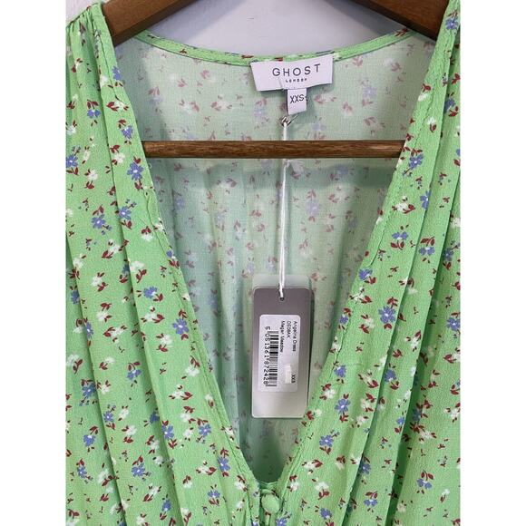 NWT Ghost London Angelina Dress Megan Meadow XXS Green Floral Print Crepe Midi - Picture 5 of 10